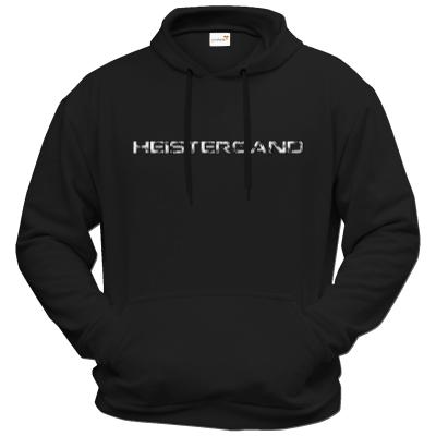Ein Produktbild zeigt einen schwarzen Kapuzenpullover mit dem Schriftzug 'Heistergand' Hoodie Premium FAIR WEAR - Arcade Banner